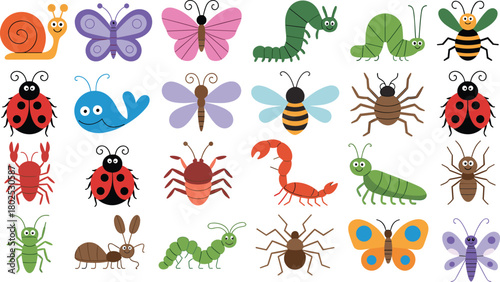 Cartoon animals and insects, colorful bug icons, kids illustration, educational wildlife art, playful creatures, smiling bugs, nature characters, cute design