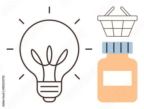 Lightbulb radiating ideas alongside a medicine bottle and shopping basket, symbolizing innovation, healthcare, and consumerism. Ideal for creativity, problem-solving, pharmacy, shopping, health