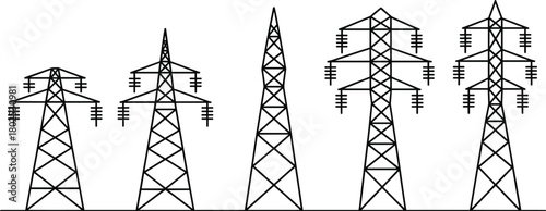 Five Black Outline Illustrations of Electrical Transmission Towers electricity power