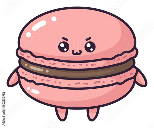 Sweet grumpy pink macaron character vector illustration background