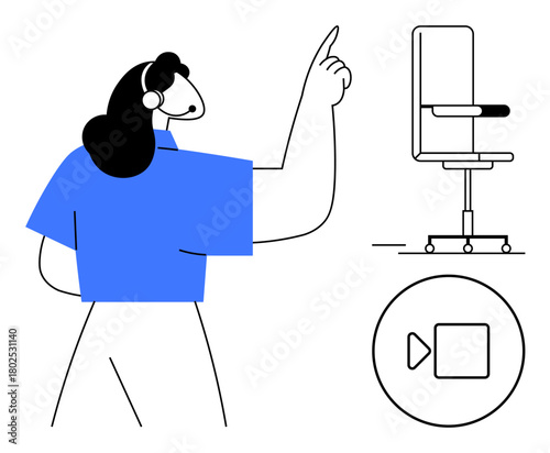 Woman wearing a headset pointing upwards, illustrating virtual communication. Office chair in minimal style and play button reinforce themes of presentation, online learning, remote work