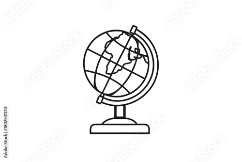 A simple line drawing depicts a geographical globe with a stand and continents