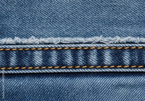 Blue denim fabric close-up showing folded hem and detailed stitching for textile background