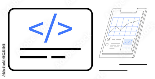 Coding interface with HTML symbols alongside clipboard featuring graph, metrics, checklists, and analysis charts. Ideal for web development, technology, analytics, growth, design performance