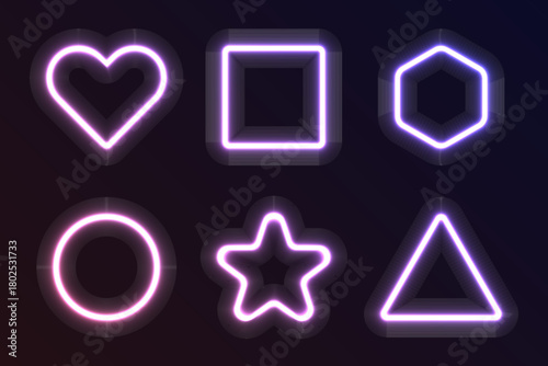 Neon gradient geometric shapes. Round square triangle glowing frames and borders, colorful bright glowing circle star heart hexagon led UI design elements. Vector set