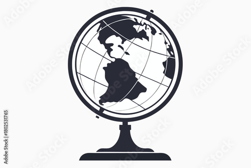 An isolated monochrome earth globe displays geography in simple style on a white backdrop