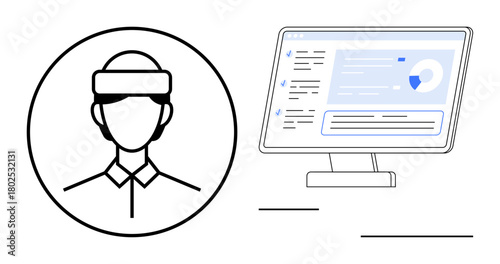 Person wearing a virtual reality headset next to a computer screen displaying data and analytics. Ideal for technology, innovation, VR, data analysis, education, workplace, future trends. A simple