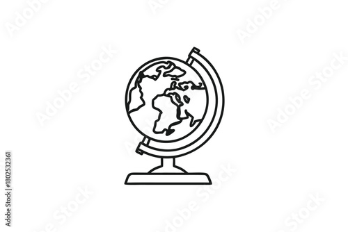 An outline depiction of a world globe and its continents sits centered here