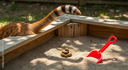 Cat Tail and Feces in Child's Sandbox with Red Toy Shovel
A humorous, eye-level photograph of a wooden children's sandbox filled with light brown sand