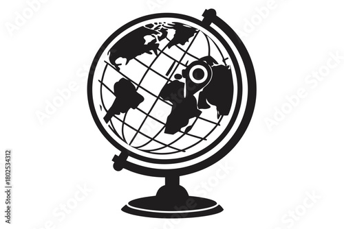 Black and white globe with a pin marking a location on Africa