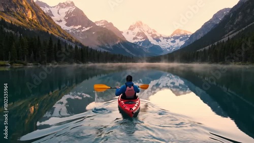 A lone kayaker navigates serene waters with the backdrop of majestic mountains and verdant trees in a beautiful landscape reflecting the tranquility of nature.