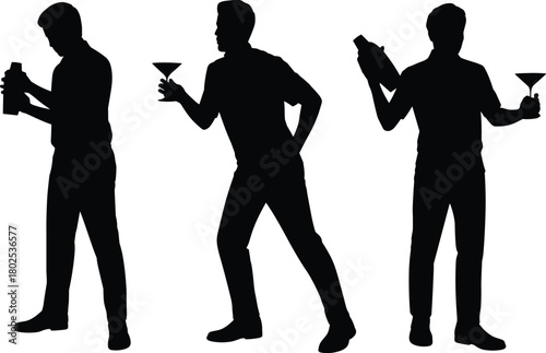 Black silhouette vector illustrations of bartenders holding cocktail shakers and martini glasses for nightlife, mixology, and bar design.