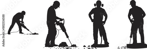 Black silhouette vector illustrations of construction workers operating jackhammers with safety gear for industrial, labor, and demolition design themes.