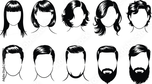 Stylized black and white vector illustrations of male and female hairstyles for avatar design, character creation, and beauty references.