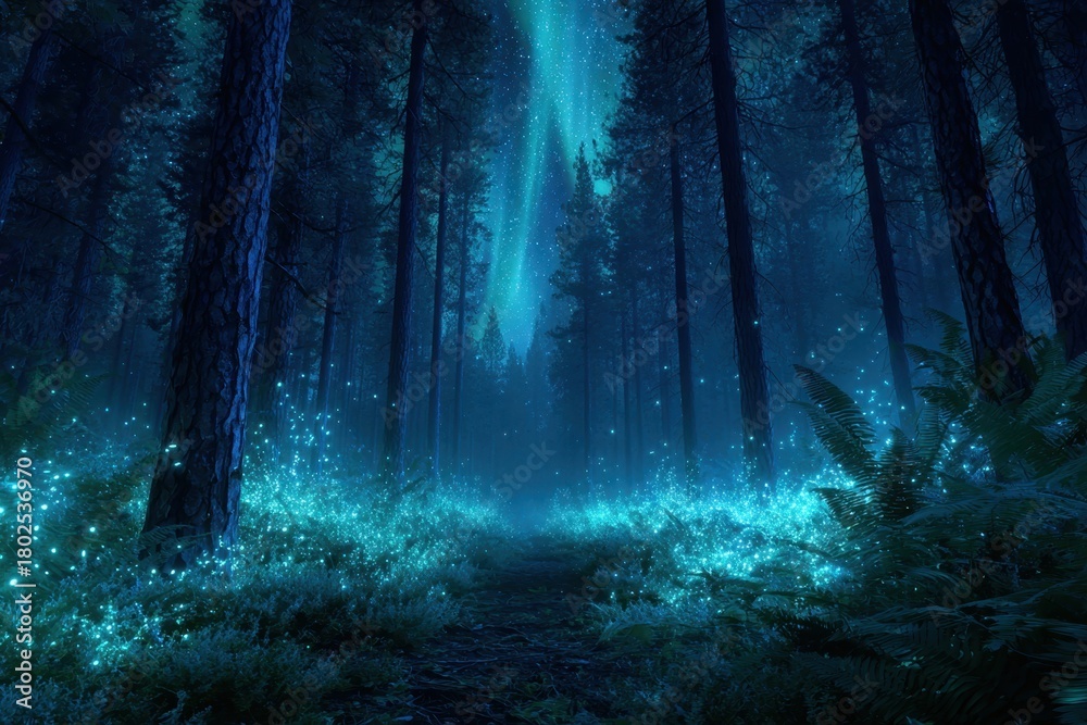 Fototapeta premium Mystical forest with glowing fireflies