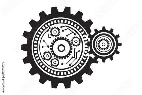 Black connected gears design shows engineering precision on a white background offering a clean look