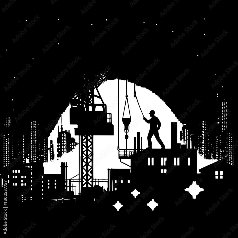 Fototapeta premium Worker Operating Crane at Night