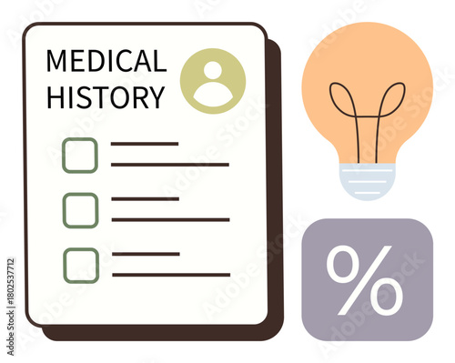 Completed medical history form with checkboxes, user icon, light bulb for ideas, and percentage symbol. Ideal for health, data, research, reporting innovation progress and care concepts. Simple