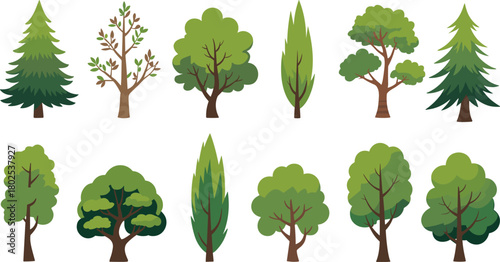 Stylized tree illustration set with diverse foliage and trunk designs, coniferous and broadleaf types, botanical nature graphics
