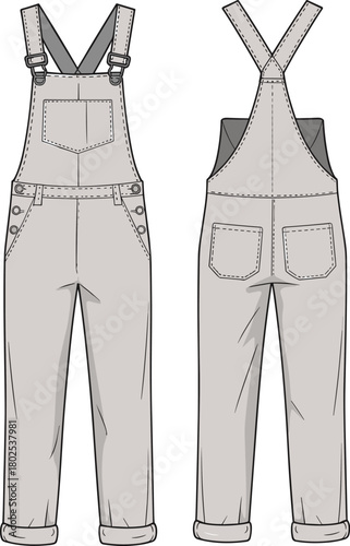 Technical fashion illustration, overalls front and back, garment sketch, apparel design, clothing template, fashion flat, detailed construction drawing