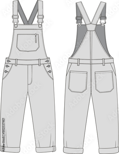 Technical flat sketch, overalls front and back, fashion design template, garment construction, apparel illustration, clothing blueprint, detailed fashion drawing