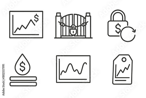 Hedge Fund Iconography. Line style icons of hedge funds: daily NAV chart, redemption gate icon, soft lock-up period, fund