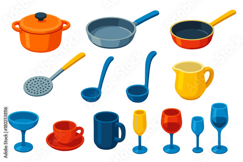 Bright Kitchen Essentials. Isometric vector illustration set Kitchen and Dining Elements: casserole enamel, sauté stainless,