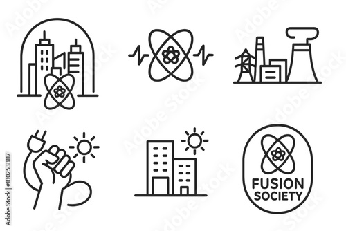Fusion Energy Icons. Line style icons of nuclear fusion: future city powered by fusion, fusion infrastructure icon, power station