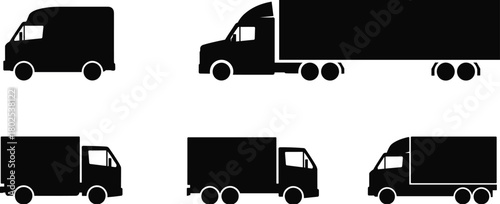 Truck silhouette set, cargo vehicles, delivery trucks, transport fleet icons, heavy freight lorry shapes, logistics transportation illustration, commercial vehicle collection