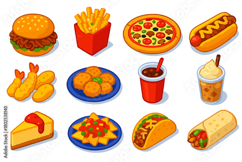 Bold Fast Food Icons. Isometric vector illustration set Fast Food Items: pulled pork burger, garlic fries, supreme pizza, chili