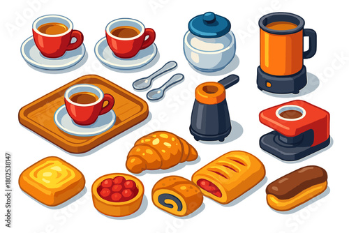 Coffee and Pastry Icons. Isometric vector illustration set Coffee Equipment and Breakfast Treats: espresso cups, demitasse spoons,