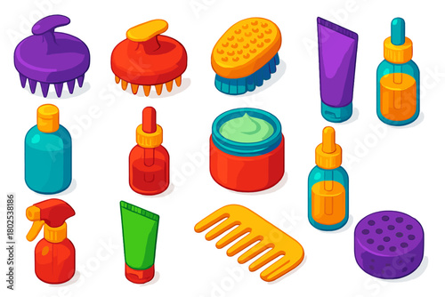 Haircare Tools Collection. Isometric vector illustration set Hairdressing and Grooming Tools: scalp massager, shampoo brush,