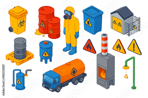 Hazardous Waste Icons. Isometric vector illustration set Hazardous Waste Management: biohazard bin, chemical waste barrel, oil