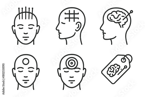 Acupuncture Icons. Line style icons of acupuncture: scalp acupuncture, head profile with needle grid, targeted brain therapy icon,