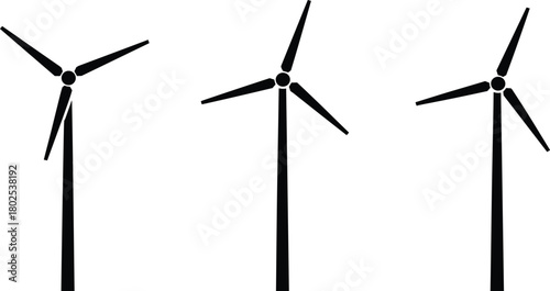 Wind turbine silhouette set, black renewable energy icons, sustainable power concept, clean electricity source, eco-friendly design illustration