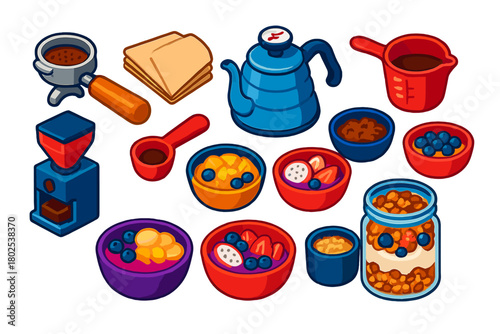 Coffee Gear & Treats. Isometric vector illustration set Coffee Equipment and Breakfast Treats: coffee filter holder, filter papers