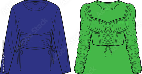 Women’s fashion tops with ruched and puff sleeve design, stylish long-sleeve blouse set, modern garment illustration for apparel