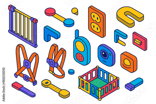 Baby Safety Essentials. Isometric vector illustration set Baby Essentials: safety gate, cabinet lock, outlet cover, corner