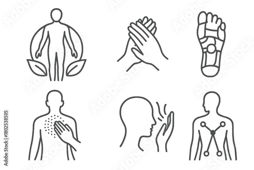 Holistic Healing Icons. Line style icons of holistic healing: holistic bodywork, massage hands icon, reflexology foot map, energy