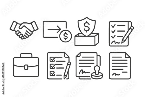 Mergers & Acquisitions Icons. Line style icons of mergers & acquisitions: transaction closing icon, wire transfer symbol, escrow