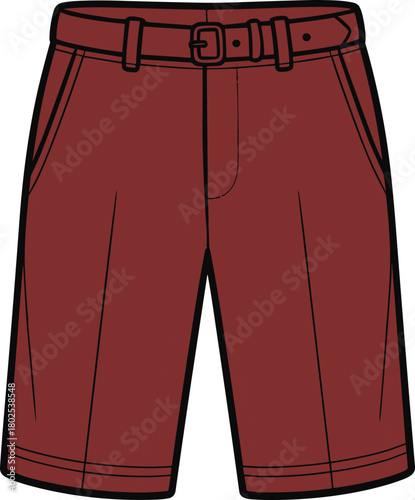 Isolated shorts illustration, casual fashion apparel design, vector clothing template, summer shorts with belt, garment sketch for fashion production and branding