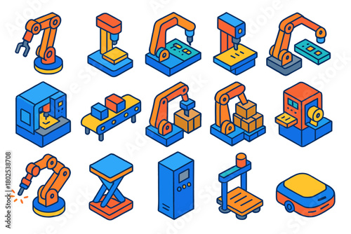 Robotic Equipment Icons. Isometric vector illustration set Arrows for Workflow: arrow in process diagram, arrow in timeline, arrow