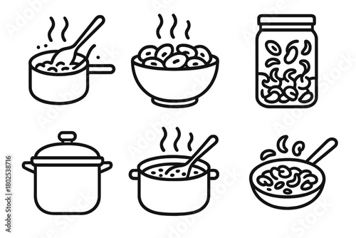 Vegan Diet Icons. Line style icons of vegan diet: cooking with legumes, soaked beans bowl, lentil stew pot, bean sprouting jar,