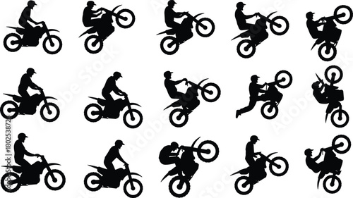 Motorcycle stunt silhouettes, dirt bike rider icons, wheelie tricks illustration, extreme sport vector set, motorbike action poses for design