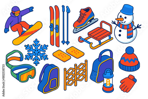 Winter Sports Icons. Isometric vector illustration set winter sports and fun: freestyle snowboard, backcountry skis, racing skates