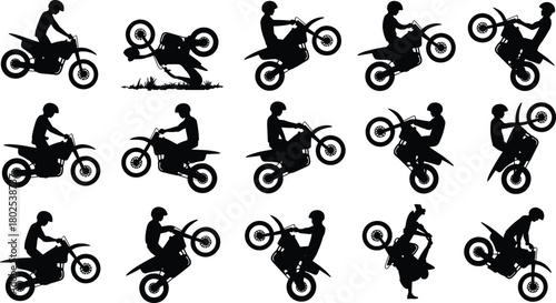 Motorcycle stunt silhouettes, motocross rider vector set, dirt bike tricks illustration, extreme sport poses, biker action graphic collection