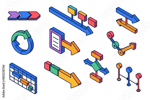 Colorful Arrow Icons. Isometric vector illustration set Arrows for Workflow: arrow in process diagram, arrow in timeline, arrow in