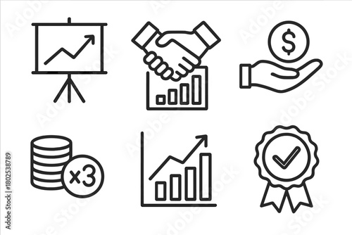 Mergers & Acquisitions Icons. Line style icons of mergers & acquisitions: performance projection, deal metrics chart, transaction