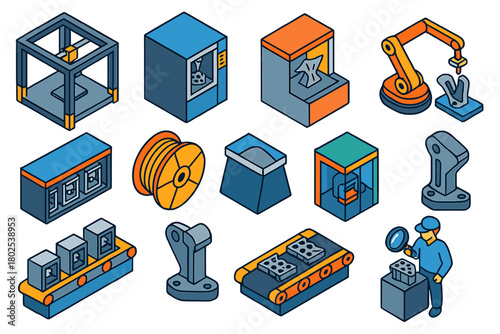 Industrial 3D Printing Scene. Isometric vector illustration set Industrial 3D Printing: large-scale 3D printer, metal 3D printer,