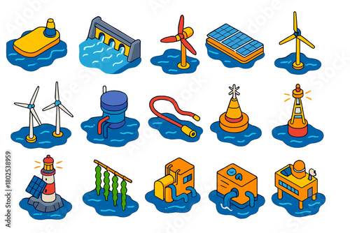 Sustainable Energy Icons. Isometric vector illustration set Energy and Sustainability: wave energy converter, tidal barrage,